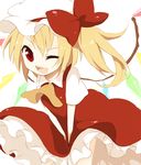  bad_id bad_pixiv_id blonde_hair bow fang flandre_scarlet hat one_eye_closed one_side_up red_eyes ribbon rin_(royal) solo touhou wings 