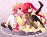  akihime_sumomo alastor_(shakugan_no_shana) black_legwear creator_connection crossover heart heart_print itou_noiji jewelry multiple_girls nanatsuiro_drops pendant red_hair shakugan_no_shana shana thighhighs white_legwear yuki-chan 