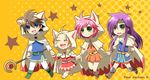  3girls animal_ears animal_hood blonde_hair butz_klauser cat_hood closed_eyes copyright_name faris_scherwiz final_fantasy final_fantasy_v green_eyes holding_hands hood krile_mayer_baldesion lenna_charlotte_tycoon long_hair multiple_girls orange_background orange_shirt orange_skirt pink_hair purple_hair robe shirt shooting-star short_hair skirt staff white_mage 