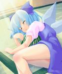  blue_hair cirno closed_eyes food fruit lying oekaki saliva sleeping solo tatami tilm touhou watermelon wings 