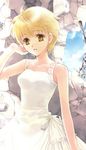  absurdres bare_shoulders blonde_hair copyright_request dress highres kuramoto_kaya short_hair solo white_dress yellow_eyes 