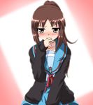  blush brown_eyes brown_hair cardigan genderswap genderswap_(mtf) hayashiya_zankurou kita_high_school_uniform kyonko long_hair ponytail school_uniform serafuku solo suzumiya_haruhi_no_yuuutsu 