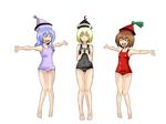  barefoot blonde_hair blush brown_hair closed_eyes fingers_together hat lavender_hair lunasa_prismriver lyrica_prismriver merlin_prismriver multiple_girls one-piece_swimsuit outstretched_arms reon_(saikyou) school_swimsuit siblings sisters spread_arms swimsuit touhou 