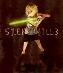  bad_id bad_pixiv_id blonde_hair boots brown_background brown_eyes copyright_name energy_sword heather_mason miniskirt serious short_hair silent_hill silent_hill_3 skirt sleeveless solo sword text_focus unabara_goumou_onzen_(pixiv8505) vest weapon wristband 