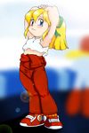  blonde_hair blue_eyes hair_ribbon long_hair lowres ponytail ribbon rockman rockman_(classic) roll solo 