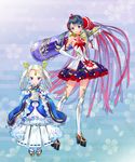  aoba_naruko blue_eyes blue_hair blue_skirt bow bowtie dress elbow_gloves frills full_body gloves hair_tubes hand_on_hip highres kaekae long_hair looking_at_viewer mahou_shoujo_taisen multiple_girls platform_footwear purple_eyes red_bow red_neckwear ribbon shirt short_hair skirt smile thighhighs twintails very_long_hair weapon white_dress white_hair white_legwear white_shirt 