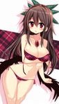  bare_shoulders bikini blush breast_hold breasts brown_hair cleavage hair_between_eyes hair_ornament highres jewelry jpeg_artifacts large_breasts long_hair looking_at_viewer low_wings maturiuta_sorato navel necklace parted_lips plaid plaid_bikini red_eyes reiuji_utsuho side-tie_bikini solo swimsuit thigh_gap touhou untied wings 