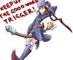 1girl akko_kagari bailing_baker boots broom broom_riding brown_hair company_connection crossover dress hat kill_la_kill knee_boots little_witch_academia long_hair scissor_blade smile solo trigger_(company) witch witch_hat 