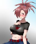  asuna_(pokemon) belly belt blush breasts brown_hair crop_top denim full-face_blush gym_leader hair_ornament hair_over_one_eye hairclip jeans large_breasts long_hair looking_at_viewer midriff navel pants pokemon pokemon_(game) pokemon_rse ponytail red_eyes scrunchie shiny shiny_skin shirt solo sweatdrop taut_clothes taut_shirt terui 