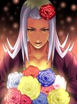  359-1059 bad_id bad_pixiv_id black_lipstick carnation flower grey_hair hat jojo_no_kimyou_na_bouken leone_abbacchio lipstick long_hair makeup male_focus solo 