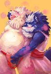  &#12358;&#12417; ?? balls black_fur blush canine chubby cum duo erection fingering fox from_behind fundoshi fur gay gingitsune gintaro handjob male mammal nude oral_fingering penis plain_background reach_around standing tetsuro tongue tongue_out underwear undressing white_fur wolf 