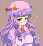  1girl bespectacled blush breasts capelet crescent crossed_arms crying dress fujiyama_takashi glasses grey_background hair_ribbon hat large_breasts long_hair mob_cap patchouli_knowledge purple_dress purple_eyes purple_hair ribbon simple_background solo striped striped_dress touhou tress_ribbon upper_body very_long_hair 