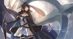  brown_eyes brown_hair cape dress elbow_gloves gloves long_hair pixiv_fantasia signed swd3e2 thighhighs weapon 