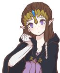  bad_id bad_pixiv_id breasts brown_hair cape cleavage expressionless gloves head_tilt hood long_hair looking_at_viewer pointy_ears princess_zelda purple_eyes simple_background solo sunagimo_(nagimo) the_legend_of_zelda the_legend_of_zelda:_twilight_princess tiara upper_body white_background 