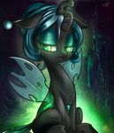  absurd_res changeling female feral friendship_is_magic green_eyes green_hair hair half-closed_eyes hi_res horn kyodashiro looking_at_viewer my_little_pony queen_chrysalis_(mlp) signature sitting slit_pupils solo wings 