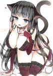  animal_ears black_hair blue_eyes blush breasts cat_ears cat_tail cleavage collar detached_sleeves heart large_breasts leash long_hair looking_at_viewer mugicha_(mugicha0929) original panties red_legwear sample solo tail thighhighs traditional_media underwear watercolor_(medium) 