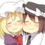  :3 blonde_hair blush bow brown_hair cheek-to-cheek chibi hat hat_bow maribel_hearn multiple_girls necktie tori_(minamopa) touhou usami_renko white_bow yuri 