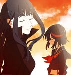  black_hair blush closed_eyes kill_la_kill kiryuuin_satsuki long_hair matoi_ryuuko midriff monokuro_(snog) multicolored_hair multiple_girls school_uniform senketsu serafuku short_hair smile streaked_hair 