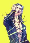  bad_id bad_pixiv_id black_lipstick grey_hair highres jojo_no_kimyou_na_bouken leone_abbacchio lipstick long_hair makeup male_focus purple_lipstick silver_hair solo tumble_ao 