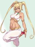  armlet bare_shoulders blonde_hair bracelet breasts dancer earrings harem_outfit houtengeki jewelry large_breasts long_hair looking_at_viewer midriff navel original pointy_ears purple_eyes smile solo twintails very_long_hair 