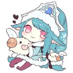  :3 alternate_costume alternate_hair_color alternate_hairstyle blue_dress blue_hair chibi dress hat konatsu_miyu league_of_legends long_hair long_sleeves lulu_(league_of_legends) pink_eyes poro_(league_of_legends) smile solo winter_wonder_lulu 