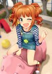  ;d bench blush denim dress grass green_eyes highres idolmaster idolmaster_(classic) long_hair md5_mismatch one_eye_closed open_mouth orange_hair overall_skirt overalls pinafore_dress playground shirt smile solo striped striped_shirt takatsuki_yayoi tire tree tsurui twintails 