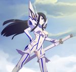  black_hair blue_eyes blue_sky breasts caryo cloud gloves hand_on_hip junketsu katana kill_la_kill kiryuuin_satsuki long_hair medium_breasts midriff nanashino navel sheath sheathed sky sword thighhighs weapon white_gloves wind 