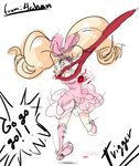  amputee blonde_hair blood boots bow crazy_eyes drawfag dress drill_hair eyepatch hair_bow harime_nui kill_la_kill long_hair mouth_hold pink_bow pink_footwear running scissor_blade sharp_teeth solo spoilers teeth twin_drills twintails 