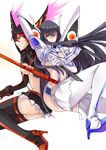  absurdres back-to-back bad_id bad_pixiv_id black_hair black_legwear blue_eyes blush breasts dual_wielding gloves grin highres holding junketsu kill_la_kill kiryuuin_satsuki long_hair matoi_ryuuko medium_breasts multicolored_hair multiple_girls navel pleated_skirt red_hair school_uniform senketsu serafuku short_hair sidelocks skirt smile thighhighs two-tone_hair underboob weapon white_legwear yorukun 