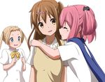  ame. blonde_hair blue_eyes brown_eyes brown_hair chuunibyou_demo_koi_ga_shitai! closed_eyes dekomori_sanae hair_rings hug long_hair multiple_girls nibutani_shinka pink_hair scarf school_uniform shichimiya_satone side_ponytail surprised twintails 