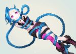  asymmetrical_legwear belt blue_hair blush braid fingerless_gloves gloves gwayo jinx_(league_of_legends) league_of_legends long_hair pink_eyes shorts smile solo tattoo twin_braids very_long_hair 