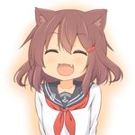  animal_ears brown_hair cat_ears closed_eyes fang hair_ornament hairclip ikazuchi_(kantai_collection) kantai_collection kemonomimi_mode looking_at_viewer miyako_hito open_mouth school_uniform serafuku short_hair smile solo 