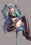  absurdres aqua_eyes aqua_hair bell black_legwear bonnet bow card celestia_ludenberck celestia_ludenberck_(cosplay) cosplay crossed_legs cup danganronpa danganronpa_1 drill_hair feet frills garter_straps gothic_lolita hatsune_miku highres lolita_fashion long_hair mou_kankan necktie no_shoes playing_card sitting soles solo tea teacup thighhighs twin_drills twintails vocaloid 