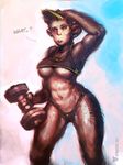  anthro biceps big_breasts breasts chimpanzee english_text female fitness fur hair looking_at_viewer mammal monkey muscles neurodyne plain_background primate short_shirt sketch solo text under_boob underwear weightlifting yello 