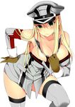  bismarck_(kantai_collection) blonde_hair breasts gloves green_eyes grey_legwear hand_on_hip hat highres irie_jun kantai_collection large_breasts long_hair looking_at_viewer simple_background solo thighhighs thighs 