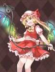  akagashi_hagane argyle argyle_background ascot blonde_hair blush flandre_scarlet hat laevatein open_mouth red_eyes short_hair side_ponytail smile solo touhou wings 