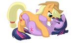  applejack_(mlp) blonde_hair cowboy_hat cute cutie_mark duo earth_pony equine eyes_closed female freckles friendship_is_magic fur green_eyes hair hat hi_res horn horse mammal multi-colored_hair my_little_pony open_mouth orange_fur plain_background pony purple_fur purple_hair rustedrabbit smile stetson stetson_hat transparent_background twilight_sparkle_(mlp) unicorn 