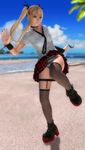  1girl 3d beach blonde_hair cloud clouds dead_or_alive dead_or_alive_5 fishnets marie_rose nail_polish necktie ocean panties pantyshot plaid plaid_skirt skirt striped striped_panties underwear upskirt water 