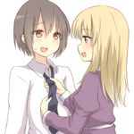  blonde_hair blush brown_eyes brown_hair dressing_another maribel_hearn multiple_girls necktie purple_eyes sweatdrop tori_(minamopa) touhou tying usami_renko yuri 