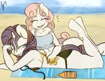  anthro anthrofied beach bikini biting_lip duo equine eyes_closed female friendship_is_magic fur hair horn horse legs_up lesbian lotion lying mammal my_little_pony on_front one_eye_closed outside purple_hair rarity_(mlp) seaside sibling sisters smile somescrub sweetie_belle_(mlp) swimsuit two_tone_hair unicorn white_fur 