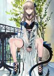  breasts brown_hair choker cleavage high_heels large_breasts long_hair looking_at_viewer monster_girl original parted_lips plant potted_plant ran'ou_(tamago_no_kimi) red_eyes sitting solo tail v_arms 