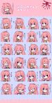  1girl bangs blue_eyes blush chibi commentary detached_sleeves eighth_note expressions eyes_closed flower hair_between_eyes hand_on_own_cheek hand_to_own_mouth head_tilt headphones heart long_hair looking_at_viewer megurine_luka musical_note one_eye_closed pink_hair polka_dot polka_dot_background ribbon shaded_face smile spoken_heart straight_hair striped striped_background translation_request very_long_hair vocaloid yoshiki 