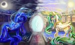  blue_eyes blue_hair building cloud crown cutie_mark day duo equine female friendship_is_magic gold hair horn horse mammal moon multi-colored_hair my_little_pony necklace night pony portal princess_celestia_(mlp) princess_luna_(mlp) purple_eyes sculpture sibling sisters sparkles statue sun viwrastupr water winged_unicorn wings 