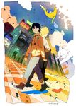  abstract bad_id bad_pixiv_id black_hair blonde_hair blue_sky boots brown_eyes building cat cloud colorful confetti crescent_moon facing_away jacket lights lizard looking_at_viewer male_focus moon multiple_boys octopus original pants pants_rolled_up power_lines sky standing star tassel uichi walking 