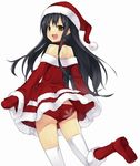  ass bare_shoulders black_hair boots brown_eyes choker dress dungeons_&amp;_princess hat knee_boots long_hair looking_back mittens panties santa_costume santa_hat smile solo standing standing_on_one_leg thighhighs torimaru underwear 