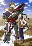  blue_legwear blue_sky boots braid cliff closed_mouth cloud crossed_arms day desert fingerless_gloves g_gundam gloves green_eyes green_hair gundam hands_on_hips highres jacket kidou_butouden_gaiden:_gundam_fight_7th kijinaka_mahiro long_hair looking_afar mecha open_eyes orange_shirt pants ponytail pose rock science_fiction shirt shuuji_kurosu sky smile solo standing wind yamato_gundam younger 