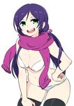  bikini breasts chan_co cleavage cowboy_shot green_eyes hair_ribbon hand_on_hip long_hair love_live! love_live!_school_idol_project low_twintails medium_breasts open_mouth purple_hair red_scarf ribbon scarf smile solo swimsuit thighhighs thighs toujou_nozomi twintails 