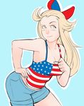  american_flag blonde_hair blush bow bravely_default:_flying_fairy bravely_default_(series) breasts cleavage contemporary edea_lee flag_print greenmarine hair_bow hand_on_hip highres large_breasts leaning_forward long_hair shorts smile solo spaghetti_strap tank_top 