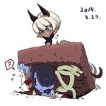  ? animal_ears blue_eyes commentary_request dated gagame grave holding_head leviathan_(skullgirls) ms._fortune_(skullgirls) multiple_girls purple_eyes purple_hair severed_head skullgirls smile spoken_question_mark squigly_(skullgirls) tail tombstone tongue white_hair 