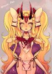  1girl blush breasts facial_mark fate/grand_order fate_(series) hizuki_mai horns ibaraki_douji_(fate/grand_order) long_hair looking_at_viewer navel oni open_mouth pointy_ears slit_pupils solo tattoo teeth twintails underwear underwear_only very_long_hair yellow_eyes 